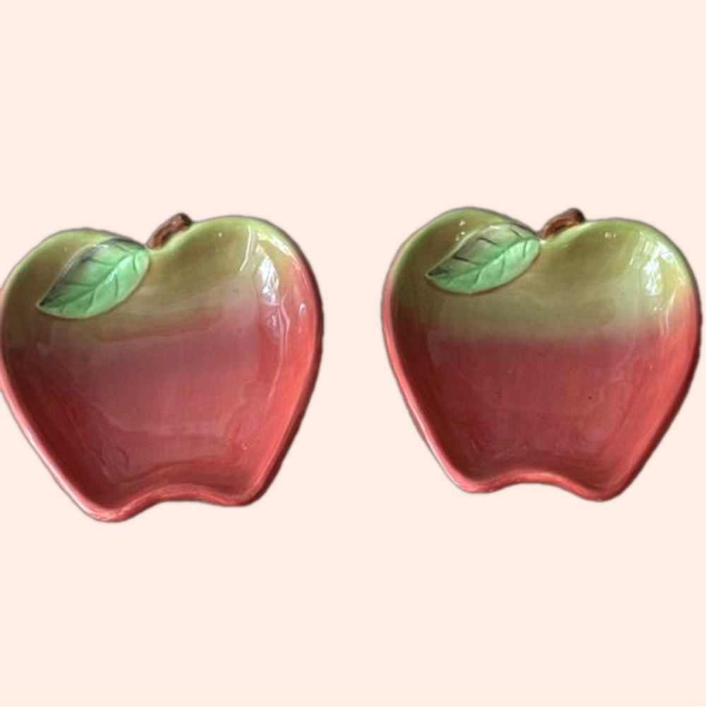 Vintage Y2K Russ Berrie Hand Painted Ceramic Apples Trinket Trays, Set of 2